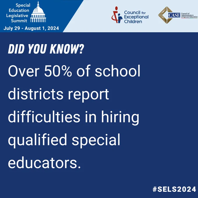 Dark blue background with the text, "Did you know? Over 50% of school districts report difficulties in hiring qualified special educators."