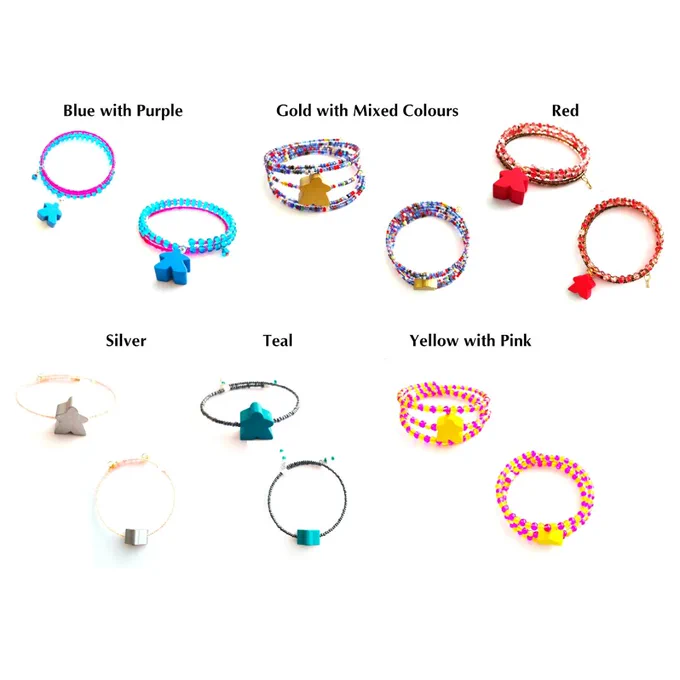 Beaded meeple bracelets in a variety of colours and styles