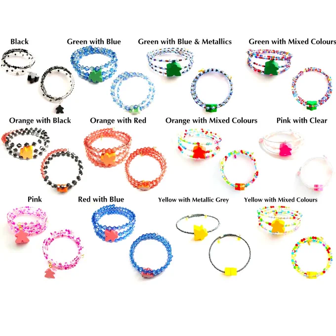 Beaded meeple bracelets in a variety of colours and styles