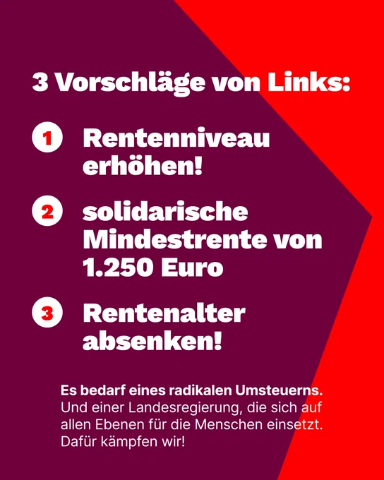 Text auf farbigem Untergrund:

3 Vorschläge von Links:

1 Rentenniveau erhöhen!

2 solidarische Mindestrente von 1.250 Euro

3 Rentenalter absenken!


Es bedarf eines radikalen Umsteuerns.
Und einer Landesregierung, die sich auf allen Ebenen für die Menschen einsetzt. Dafür kämpfen wir!
