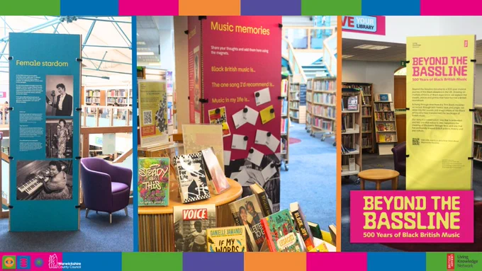 Photos of the Beyond the Bassline exhibition panels at Leamington Library. Logos for: Beyond the Bassline, Warwickshire Libraries, Warwickshire County Council, British Library and Living Knowledge Network