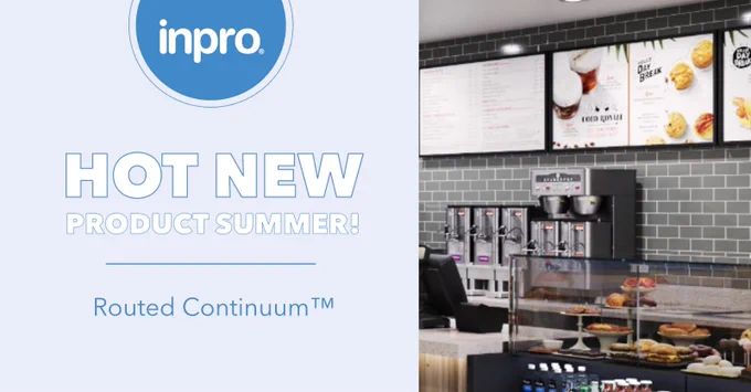 Inpro logo.
Hot New Product Summer.
Route Continuum.
Picture of Routed Continuum used in a coffee shop.