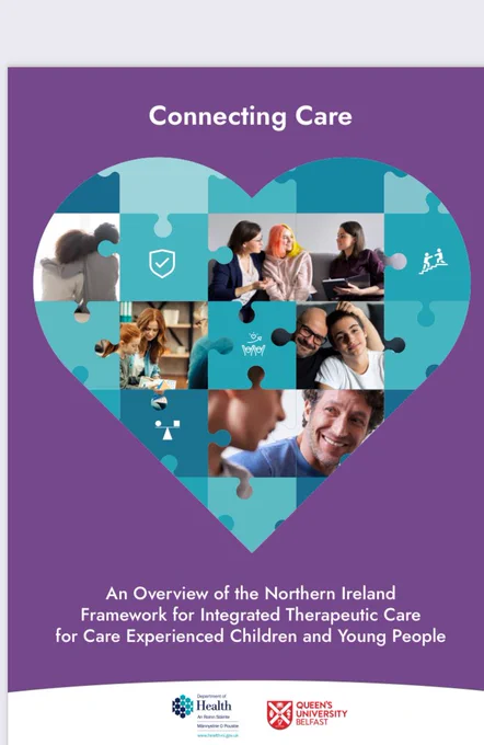 Image of cover of Integrated Therapeutic Care Framework for Looked After Children and Young People in Northern Ireland. Heart shaped image with smaller images children, young people and care givers in various settings.