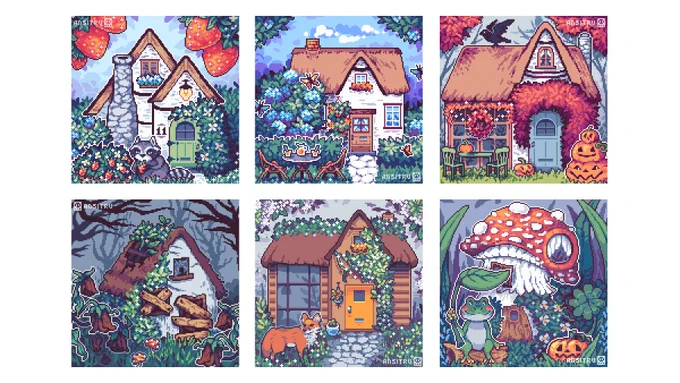 A pixel illustration of six different cottages. Top left is a cottage with strawberries and a raccon. Top middle is a summer cottage with blue flowers and butterflies. Top right is an autumnal cottage, with pumpkins and red leaves. Bottom left is an abandoned cottage with boarded up windows and door. Bottom middle cottage is a rainy cottage with a fox standing in the front. Bottom right is a mushroom cottage, with a frog sitting in front of it.