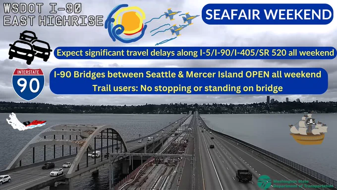A WSDOT infographic with a background of the I-90 floating bridges between Seattle and Mercer Island. Doodles on the graphic include the Seafair logo, three Navy Blue Angels, a set of three black cars, the I-90 badge, a hydroplane and a pirate ship. Text on the graphic says Seafair Weekend - Expect significant travel delays along I-5/I-90/I-405/SR 520 all weekend, and I-90 bridges between Seattle and Mercer Island will be open all weekend but trail users can't stop or stand on the bridge trail. 