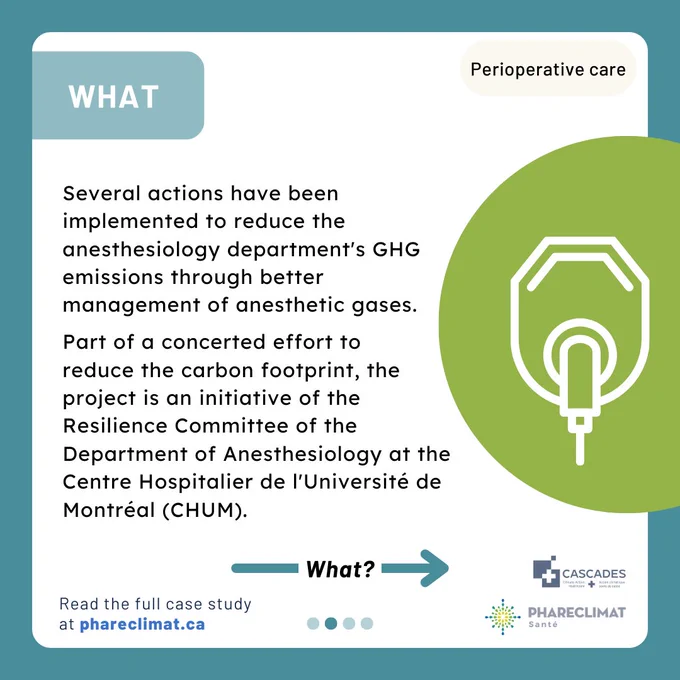 Several actions have been implemented to reduce the anesthesiology department's GHG emissions through better management of anesthetic gases.   Part of a concerted effort to  reduce the carbon footprint, the project is an initiative of the Resilience Committee of the Department of Anesthesiology at the Centre Hospitalier de l'Université de Montréal (CHUM).