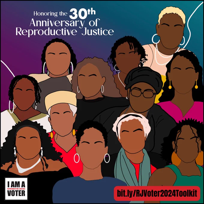 The image is an illustration celebrating the 30th Anniversary of Reproductive Justice, featuring stylized portraits of diverse women representing the founding mothers of the Reproductive Justice movement. The text at the top left reads, "Honoring the 30th Anniversary of Reproductive Justice." On the right side of the image, there is a bold graphic stating "I AM A REPRODUCTIVE JUSTICE VOTER" with a red download button below. The text underneath the button reads "bit.ly/RJVoter2024Toolkit" and "Hashtag RJVoter." The overall design emphasizes unity, empowerment, and a call to action to download the toolkit and become an RJ Voter.
