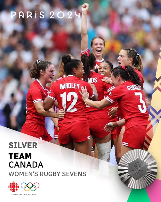 Several women's rugby players in red and white Canadian uniforms gather together to celebrate, with one player in the back raising her fist. Text below reads "Silver. Team Canada. Women's rugby sevens."