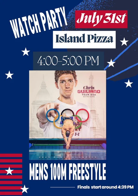 Watch Party July 31st 4:00 - 5:00 PM Mens 100M Freestyle - Finals start around 4:30 PM