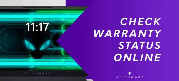 Image Description
Alienware laptop against a purple bacground
Text reads: Check Warranty Status Online