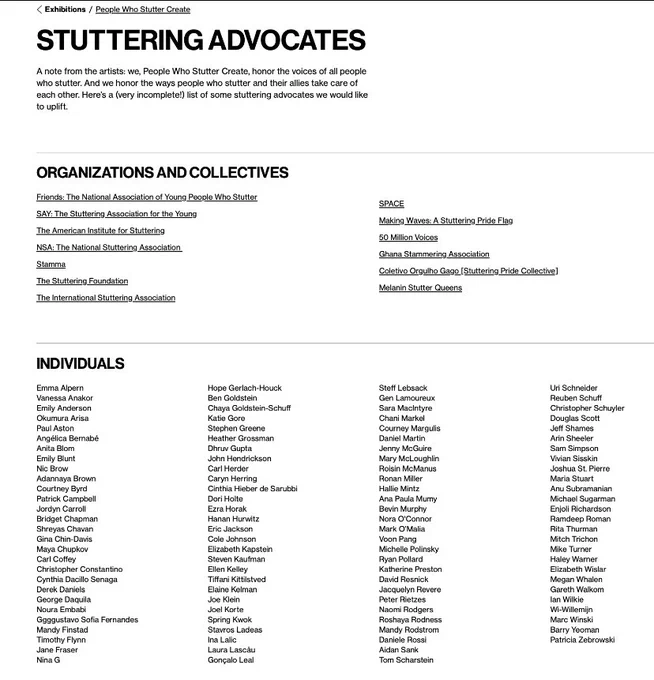 Screenshot of the list of Stuttering Advocates (organisations & collectives as well as individuals) collated by People Who Stutter Create
