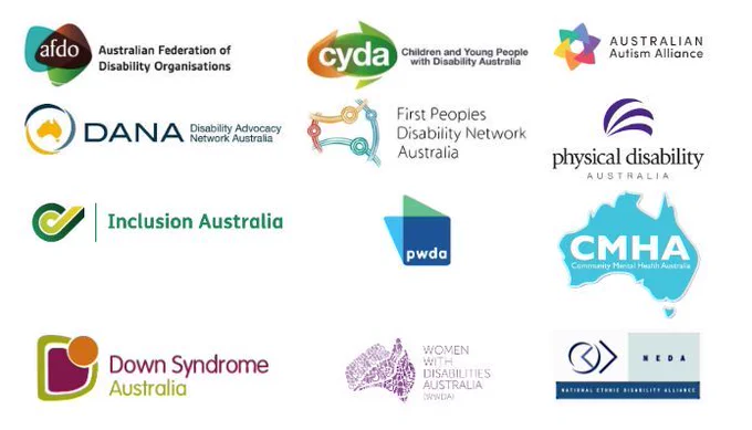 Image shows logos from the 12 disability representative organisations signed onto the statement. 
