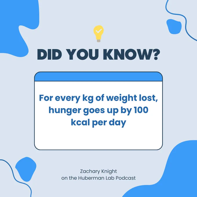 For every kg of weight lost, hunger goes up by 100 kcal per day. Increased hunger is the main reason people find it so difficult to keep weight off
- Zachary Knight on the Huberman Lab Podcast