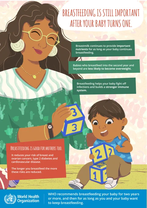 An illustrated poster emphasizes the importance of breastfeeding after a baby turns one. It features a smiling mother with long dark hair, wearing glasses and a striped top, and a toddler playing with blocks. Text highlights the benefits: 'Breastmilk continues to provide important nutrients for as long as your baby continues breastfeeding,' 'Babies who breastfeed into the second year and beyond are less likely to become overweight,' and 'Breastfeeding helps your baby fight off infections and builds a stronger immune system.' Additional text in a red box states, 'Breastfeeding is good for mothers too. It reduces your risk of breast and ovarian cancers, type 2 diabetes and cardiovascular disease. The longer you breastfeed the more these risks are reduced.' The World Health Organization logo and recommendation to breastfeed for two years or more appear at the bottom