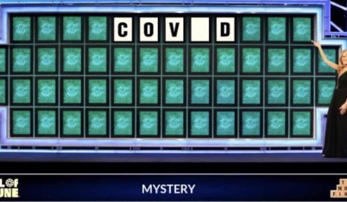 A screenshot of Wheel of Fortune with the letters "C O V _ D" and the category "Mystery"