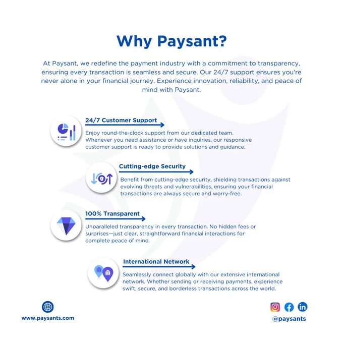 Discover a new era in payments with Paysant! Enjoy transparent transactions, 24/7 support, cutting-edge security, and global connectivity. With Paysant, your financial journey is seamless and secure.
.
.
#Paysant
#InnovatePayments
#GlobalFinance
#SecureTransactions
#CustomerSupport
#FinancialPeace
#InternationalPayments