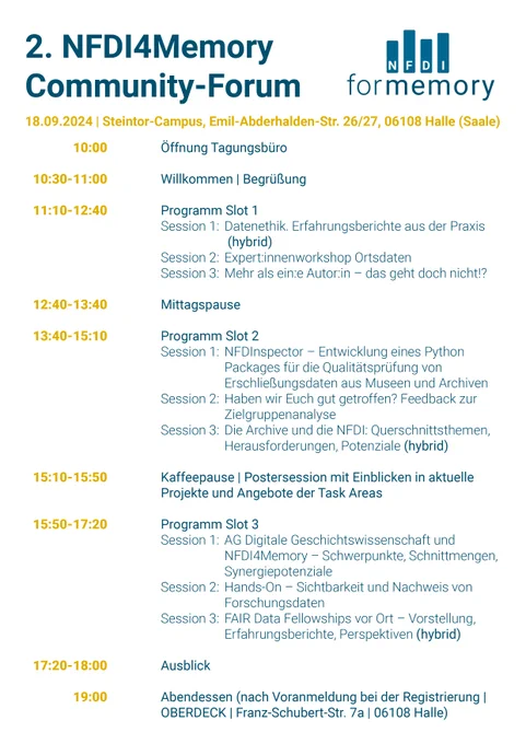 Programmzettel für das 2. NFDI4Memory Community-Forum 
18.09.2024 | Steintor-Campus, Emil-Abderhalden-Str. 26/27, 06108 Halle (Saale)