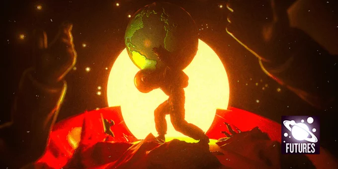 An astronaut, bearing Earth on their shoulders like Atlas, stands on the red rocky surface of a planet
