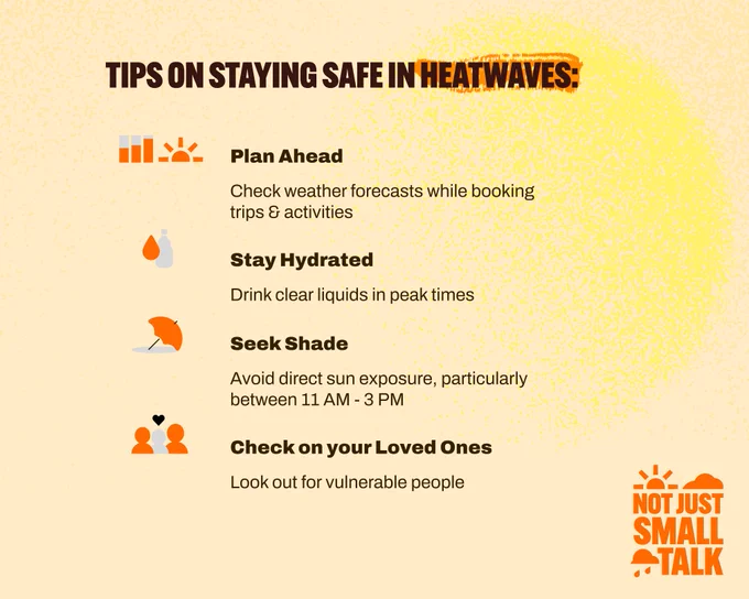 Infographic titled "Tips on Staying Safe in Heatwaves" with a subtitle "Not Just Small Talk." It includes four main tips: 1) Plan Ahead - Check weather forecasts while booking trips & activities. 2) Stay Hydrated - Drink clear liquids in peak times. 3) Avoid Sun - Seek shade exposure, particularly between 11 AM - 3 PM. 4) Check on Your Loved Ones - Look out for vulnerable people. Icons of a calendar, a water glass, a sun, and two heads with a heart symbolize each tip respectively. The background is orange with decorative heatwave patterns.