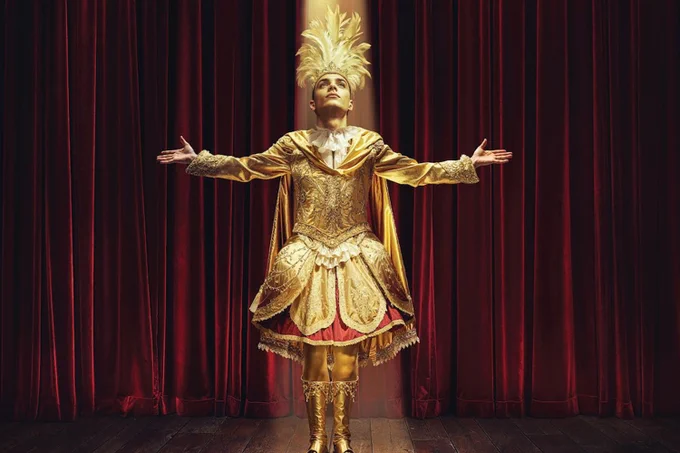 A photo showing a man in ornate garb with his hands outstretched in front of a curtain 