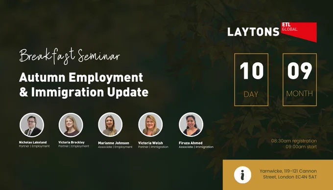 Our Employment and Immigration departments will be hosting an insightful breakfast seminar on 10th September! 💭
 
Nicholas Lakeland, Victoria Brockley and Marianne Johnson will discuss the upcoming Employment Rights Bill, new duties to prevent sexual harassment, and recent case law.
 
We'll also cover UK Immigration law changes under the new Labour Government, and compliance in M&A transactions with Victoria Welsh and Firuza Ahmed
 
Don't miss this opportunity for expert insights and networking over coffee and pastries ☕️ 🥐
 
🗓️ Tuesday 10th September
🕒 09:00 (08:30 Registration)
📍 Yarnwickle, 119-121 Cannon Street, London, EC4N 5AT
 
Register your attendance here! https://lnkd.in/eZxsZFQg
 
#londonlegal #employmentlaw #employment #immigrationlaw #immigration #legalseminar