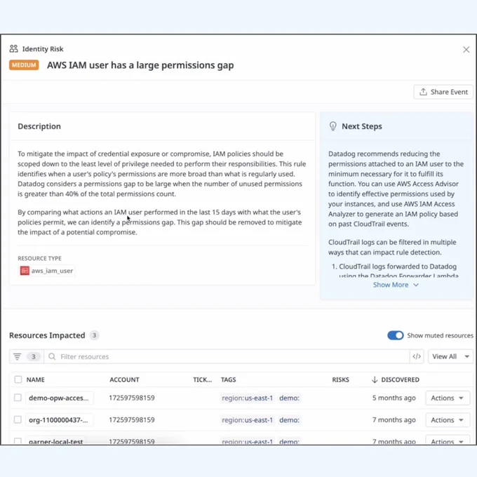 Image of identity risks shown in Datadog Cloud Security Management Identity Risks