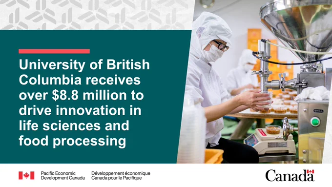 A technician works in a food lab. Text reads: University of British Columbia receives over $8.8 million to drive innovation in life sciences and food processing