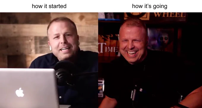 The Innkeeper in a How it Started and How it’s going side by side image. The left image is of the innkeeper sitting at a computer in front of a wall that looks like wood paneling from five years ago. The right image is of the Innkeeper from a few weeks ago hosting WoT Idol final with a bookshelf behind him holding wheel of time books and TDW sign.