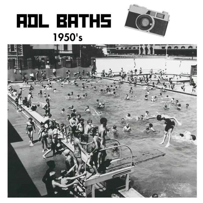 Adl Baths 1950's 
Images of a busy pool and kids queuing to use a diving board. 