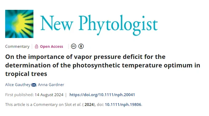 print screen of the commentary, showing the title "On the importance of vapor pressure deficit for the determination of the photosynthetic temperature optimum in tropical trees", along with the names of the authors Alice Gauthey and Anna Gardner