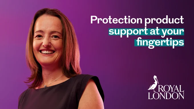 Purple background with a women on the left and Royal London's logo on the right. Text overlay reads: Protection product support at your fingertips.