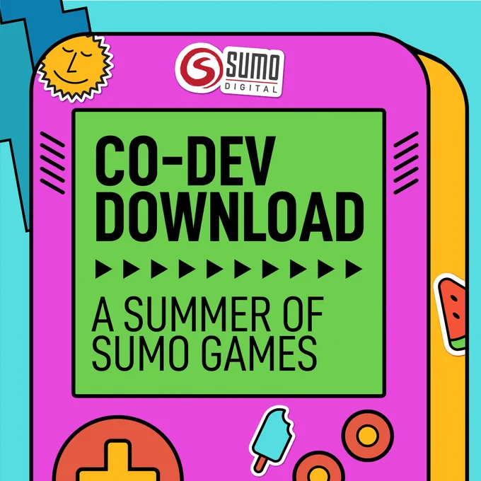A bright and colourful graphic with a summery feel. The graphic shows an illustrated handheld game console that resembles a Game Boy. There is text on the screen of the console that reads: 'Co-Dev Download. A Summer of Sumo Games.' The console case is decorated with various stickers including a sun, a watermelon slice, an ice lolly, and a Sumo Digital logo sticker.