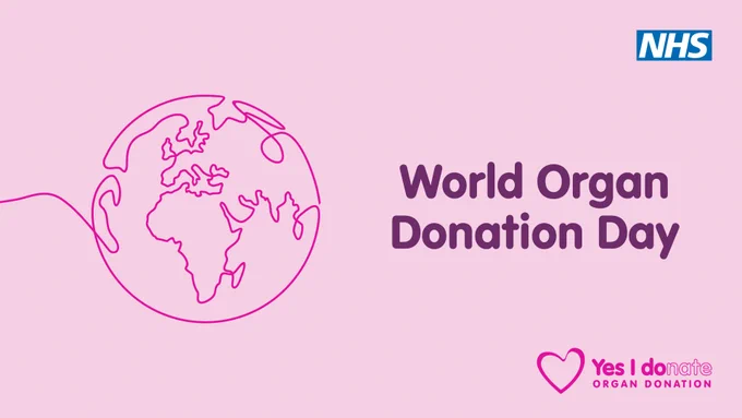 Graphic for World Organ Donation Day with a line art illustration of the Earth. The NHS logo is in the top right corner, and a heart icon with the text 'Yes I donate - Organ Donation' is at the bottom.