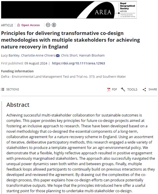 Title and abstract for 'Principles for delivering transformative co-design methodologies with multiple stakeholders for achieving nature recovery in England' by
Lucy Barkley, Charlotte-Anne Chivers, Chris Short, and Hannah Bloxham in Area. 
