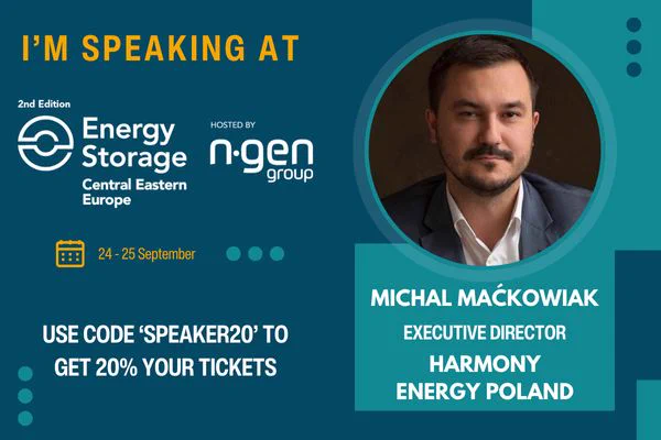 Graphic showcasing Michal as a speaker at upcoming Energy Storage Central Eastern Europe