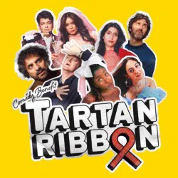 Comedians' faces on a yellow background with the text Tartan Ribbon