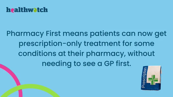 'Healthwatch Pharmacy First means patients can now get prescription-only treatment for some conditions at their pharmacy, without needing  to see a GP first.' Pharmacy paper bag. 