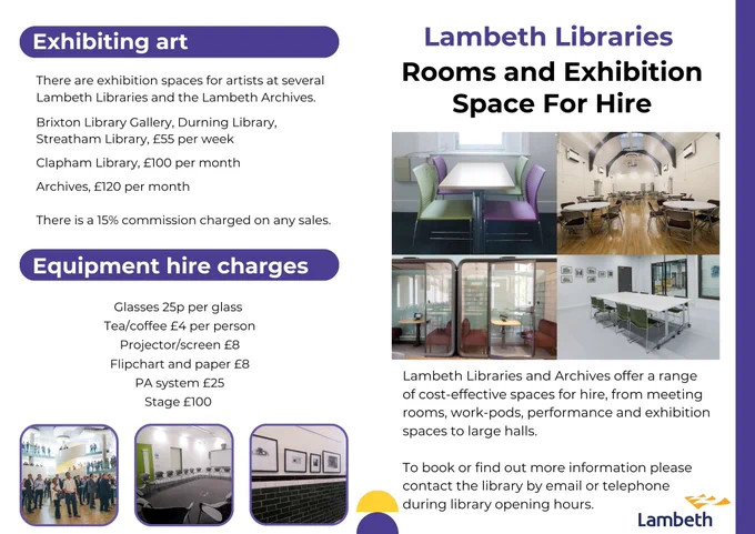 Photos showing information about the rooms and exhibition spaces for hire in Lambeth Libraries