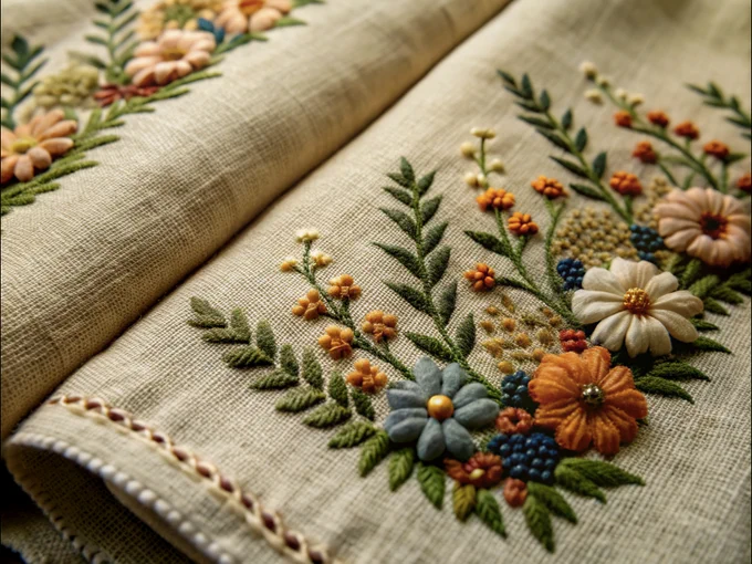 AI-generated picture of linen cloth with embroidery with flowers and herbs.