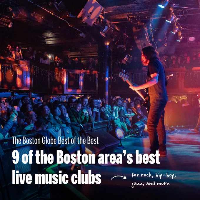 A musician plays guitar on stage in front of an audience. Text on the card reads: The Boston Globe Best of the Best: 9 of the Boston area’s best live music clubs – for rock, hip-hop, jazz, and more