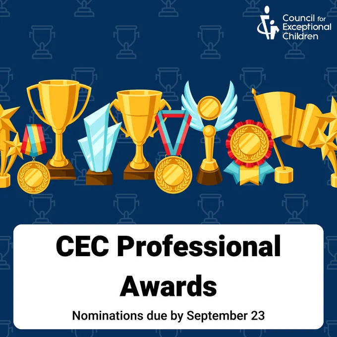 Dark blue background with a graphic of various awards, medals, and trophies. The text reads, "CEC Professional Awards; Nominations due by September 23"