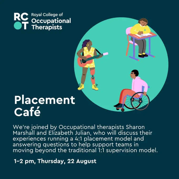 Illustrations of people doing occupation coming out of a teal circle. Text reads 'Placement café. We’re joined by Occupational therapists Sharon Marshall and Elizabeth Julian, who will discuss their experiences running a 4:1 placement model and answering questions to help support teams in moving beyond the traditional 1:1 supervision model. 1–2 pm, Thursday, 22 August'