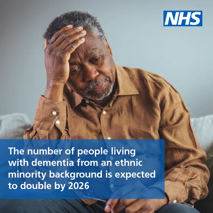A black man wearing a brown shirt holding his head with his hand. There is a blue box at the bottom left of the image which reads: 'The number of people living with dementia from an ethnic minority background is expected to double by 2026'. The NHS logo is in the top right hand corner of the image.