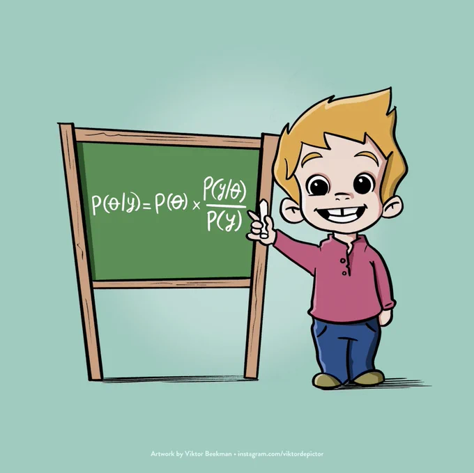 A cartoon depicting a kid smiling and holding a piece of chalk, showing the Bayes formula on a black board.