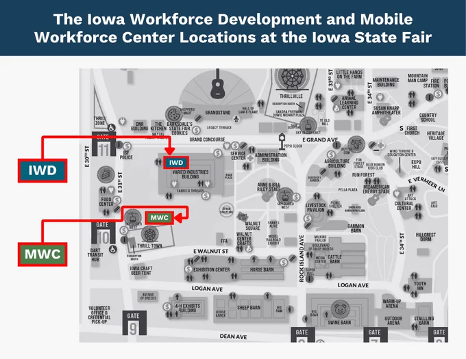 A visual map of the Iowa State Fair. Visiting the link in the text will take you to a web page with a local map for the IowaWORKS Mobile Workforce Unit on Google Maps. 