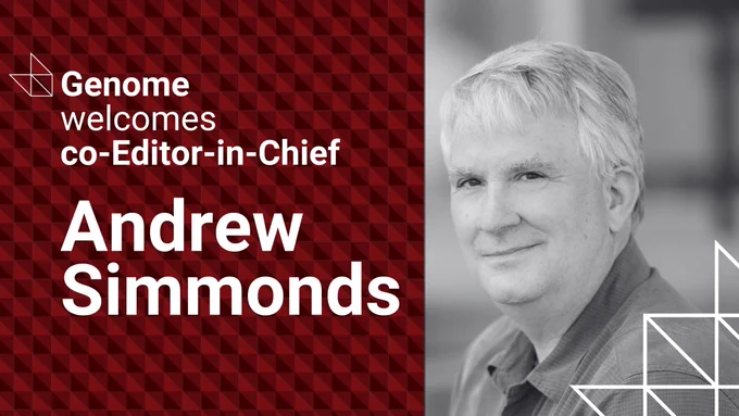 A black-and-white photo of Andrew Simmonds. To the left of the photo, white text on a red background reads "Genome welcomes co-Editor-in-Chief Andrew Simmonds." 