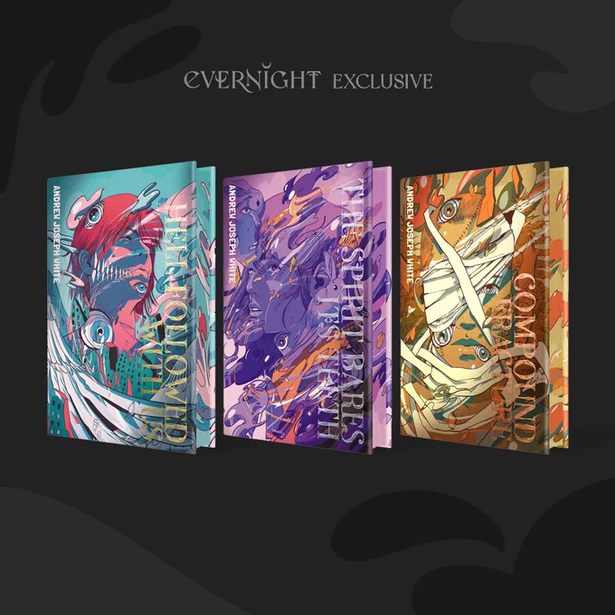A set of three books on a black background: HELL FOLLOWED WITH US, THE SPIRIT BARES ITS TEETH, and COMPOUND FRACTURE. They share the same artist and general composition; an abstract portrait. HFWU is blue and red, featuring a fang-mouthed boy surrounded by eyes, wings, and broken buildings. TSBIT is purple and gold, featuring a long-haired boy surrounded by ghostly rabbits. And CF is gold and pale green, showing a bandage-faces boy surrounded by debris.