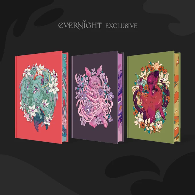 Another set of three books, showing the “naked cover,” or case. The HFWU one features a six-winged bluish-white ptarmigan covered in eyes, flowers, and sporting a halo, on a red background. The TSBIT one features a purple-pink rabbit trapped in a rib cage surrounded by eyeball flowers, on a black background. The CF one shows an angry reddish dog with flowers in its mouth, flanked by antlers, on a green background.
