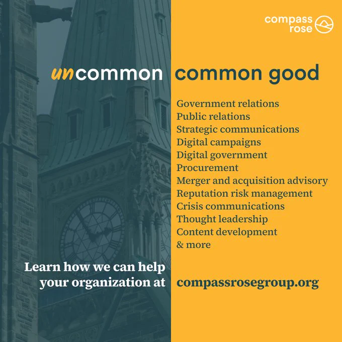 Parliamentary peace tower in background of graphic outlining Compass Rose's services, including government relations, public relations, strategic communications, digital campaigns, digital government, procurement, merger and acquisition advisory, reputation and risk management, crisis communications, thought leadership, content development and more. Learn how we can help your organization at compassrosegroup.org.