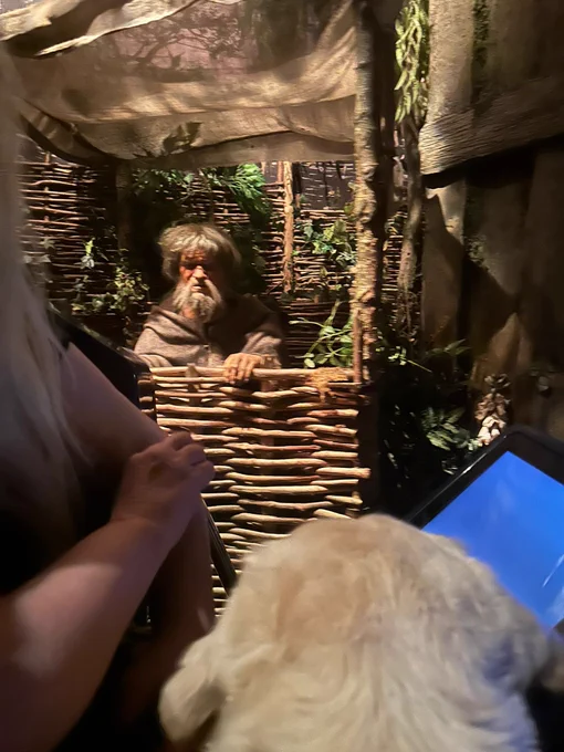 Uri on the ride looking at Viking man on toilet 